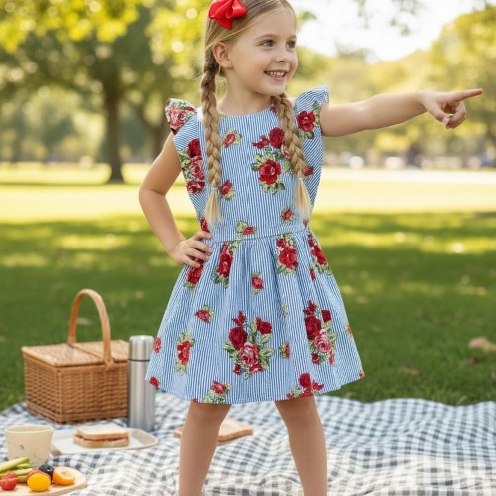 Monteau Girl Blue Stripe Floral Casual Dress Size 6 Ruffle Sleeve Lace Decor